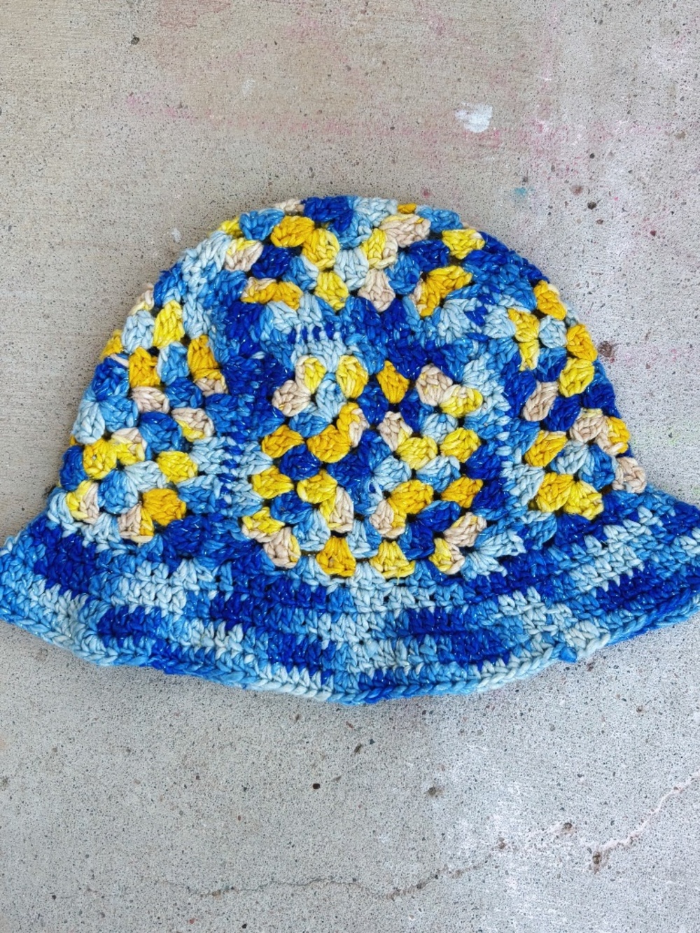 Handmade Crocheted Sparkly Bucket Hat in Blue with Yellow Details